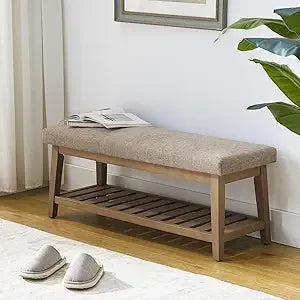 Entryway Bench, End of Bed Bench, Chenille Upholstered Shoe Bench for Bedroom, Ottoman Bench with Solid Wood Shelf, Storage Benc