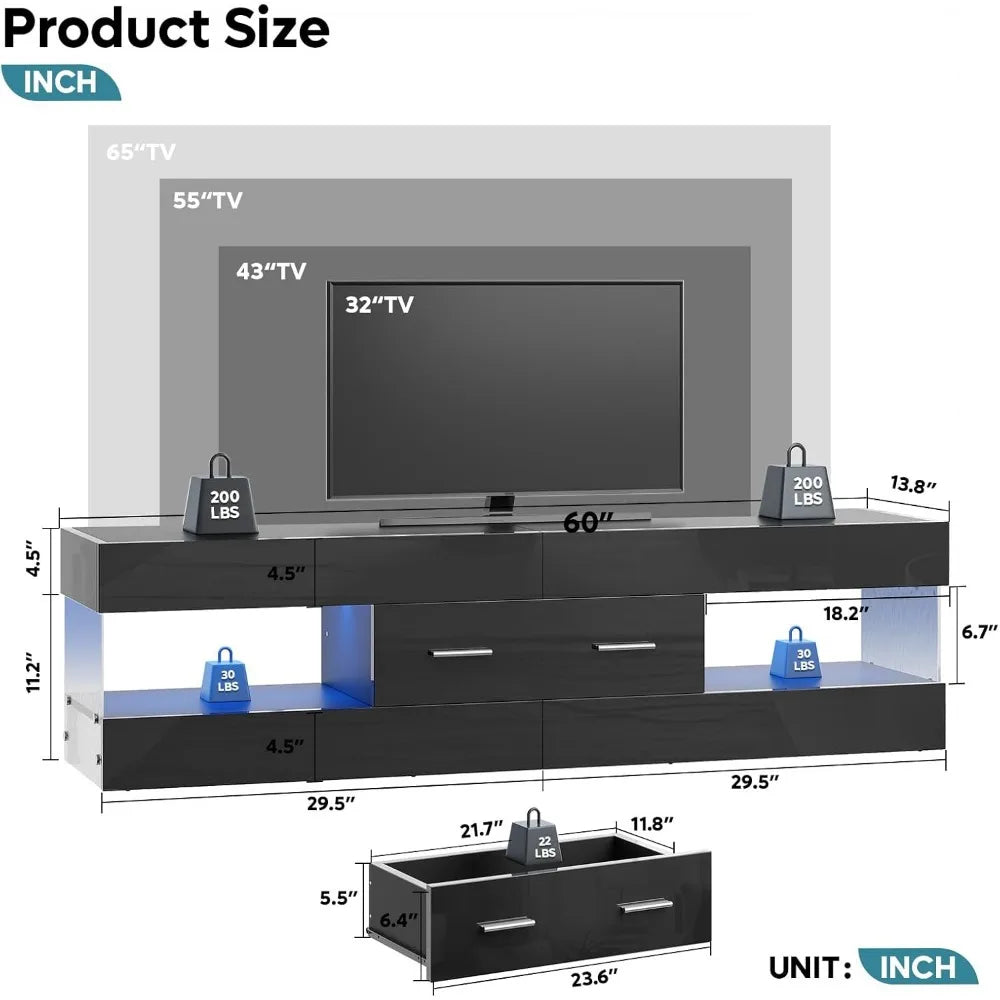 Black TV Stand for 55/60/65 Inch TV, High Gloss Modern TV Stand with Stone-Patterned Side Panels, LED Entertainment Cent