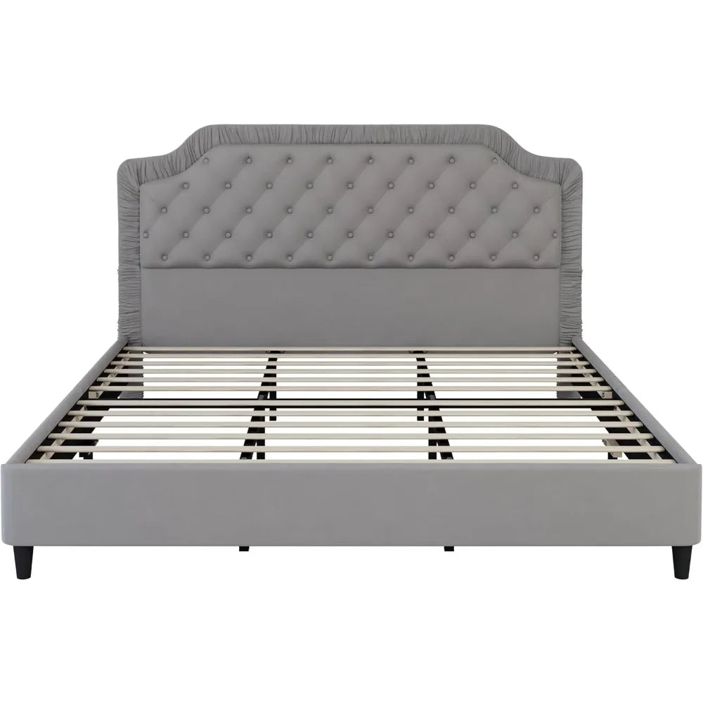 2 Pieces King Bedroom Sets, King Size Ruched and Button Tufted Velvet Upholstered Bed Frame and Storage Ottoman Bench