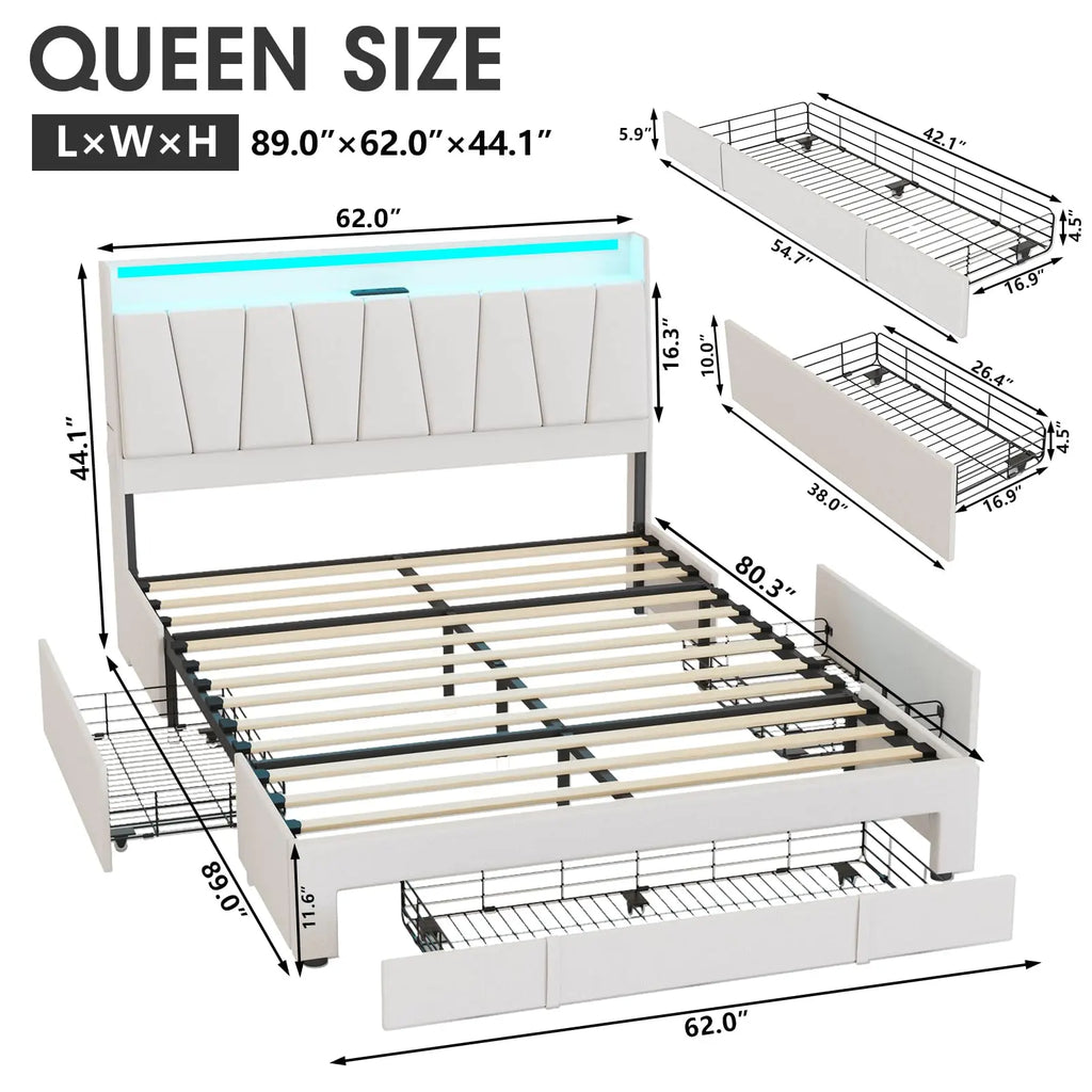 Vabches Queen Bed Frame with Storage Headboard&LED Lights Upholstered Platform Bed Frame with 3 Drawers&Power Outlet for Bedroom
