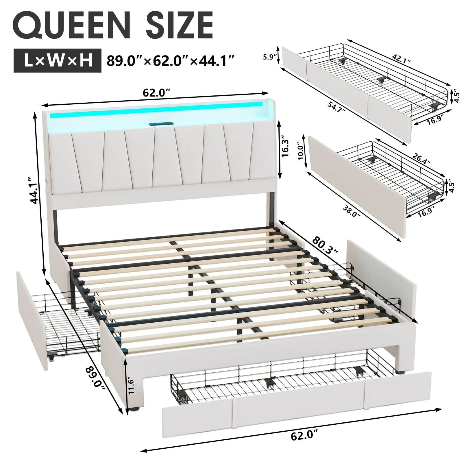 Vabches Queen Bed Frame with Storage Headboard&LED Lights Upholstered Platform Bed Frame with 3 Drawers&Power Outlet for Bedroom