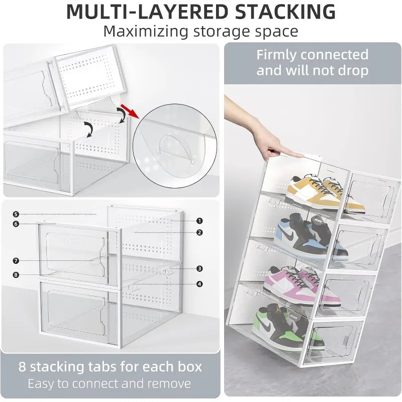 Shoe Boxes Clear Plastic Stackable, 18 Pack Premium Shoe Organizer Storage for Closet Space Saving Foldable Shoe Rack