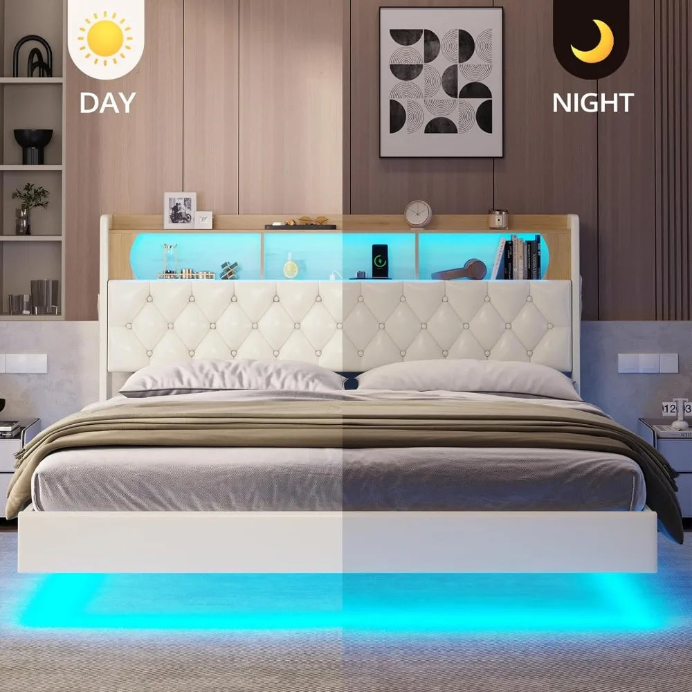 Bed Frame with Storage Headboard & LED Lights &Upholstered Headboard LED Floating Bed with USB-C/A Charging Station
