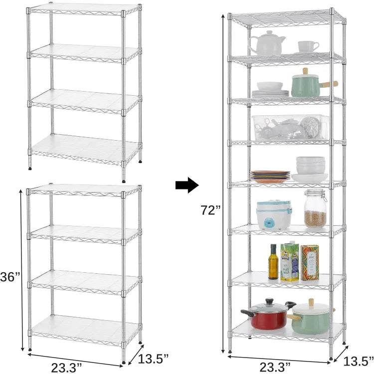 8-Tier Wire Shelving Unit Adjustable Steel Wire Rack Shelving 8 Shelves Steel Storage Rack or Two 4-Tier Shelving Units