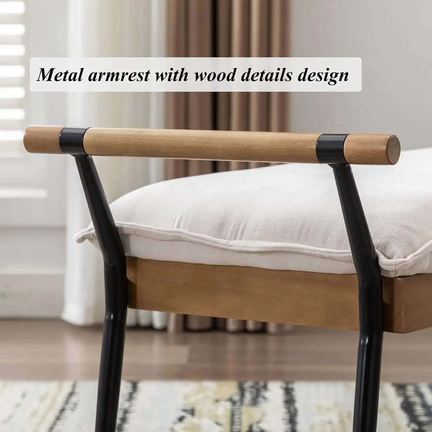 Retro Minimalist Chenille Fabric Dining Table Bench Footstool Entryway Shoe,Modern Rectangle Bench with Arms and Metal Legs