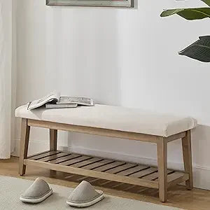 Entryway Bench, End of Bed Bench, Chenille Upholstered Shoe Bench for Bedroom, Ottoman Bench with Solid Wood Shelf, Storage Benc
