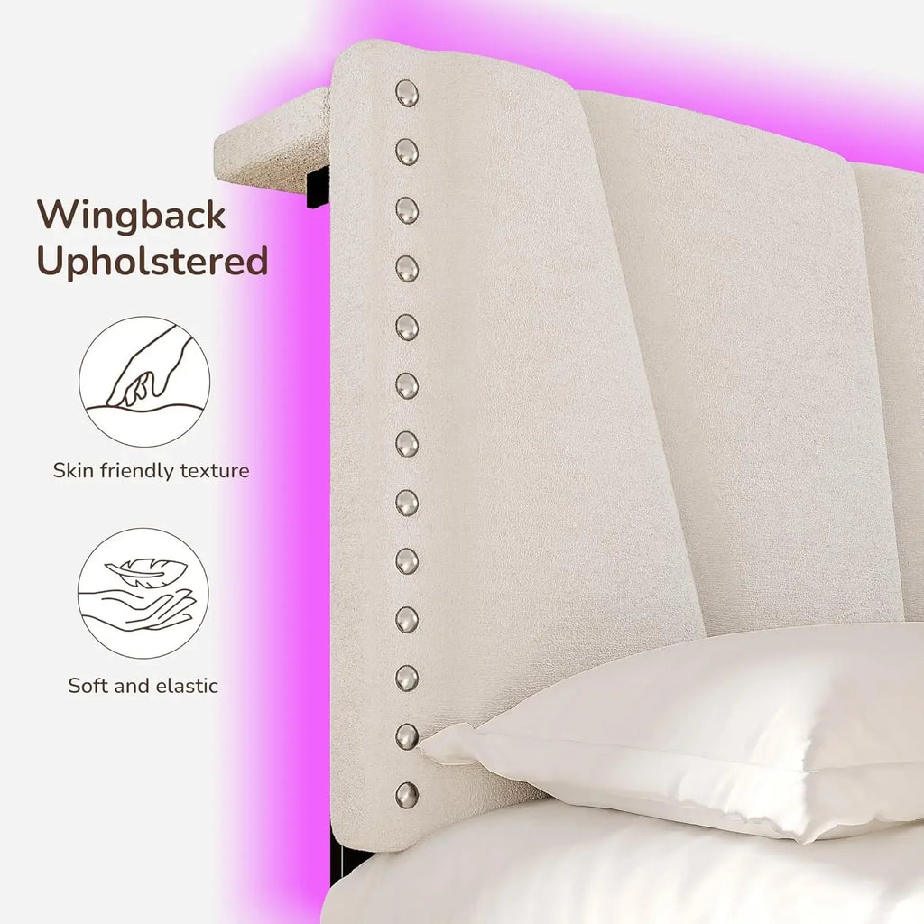 Velvet Headboard and LED Lights， Storage Headboard Platform Bed with Charging Station，King Size Bed Frame