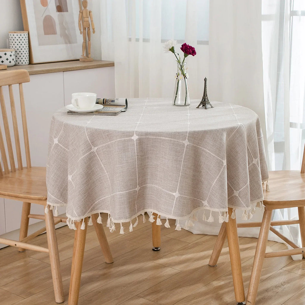Solid Embroidery Lattice Tablecloth Cotton Linen Dust-Proof Checkered Table Cover for Kitchen Dinning Tabletop Decoration