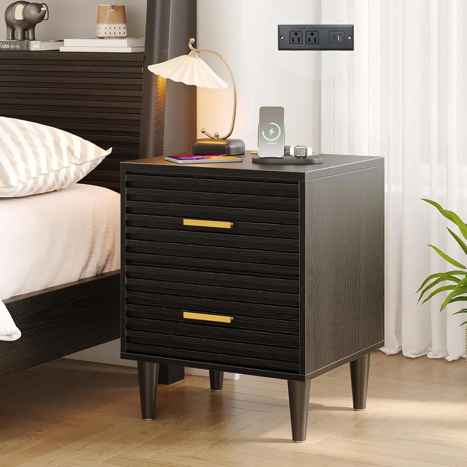 Night Stands with Charging Station, Mid Century Modern Nightstand, Fluted Bedside Table with Drawer, End Table Bed Side Tables