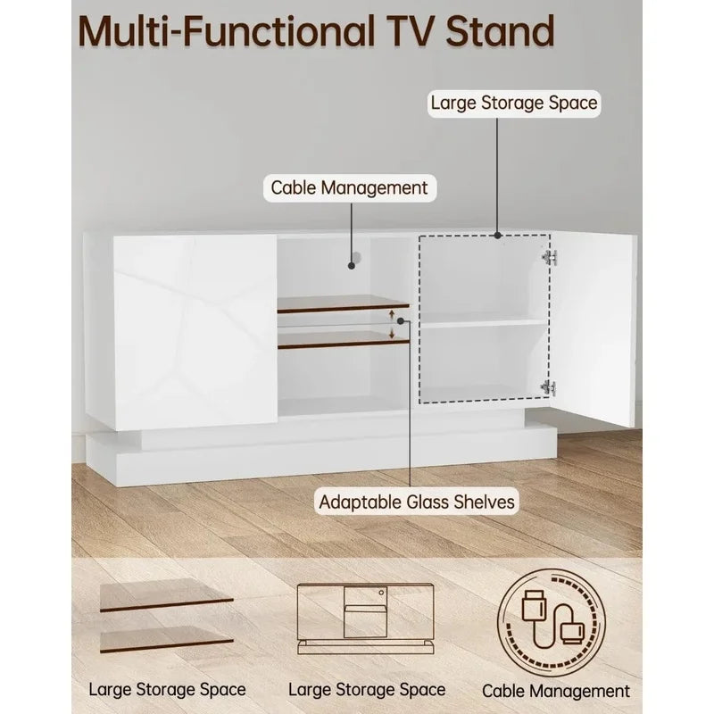 Contemporary TV Stand with LED Lights, Storage Cabinets, and Adjustable Glass Shelves
