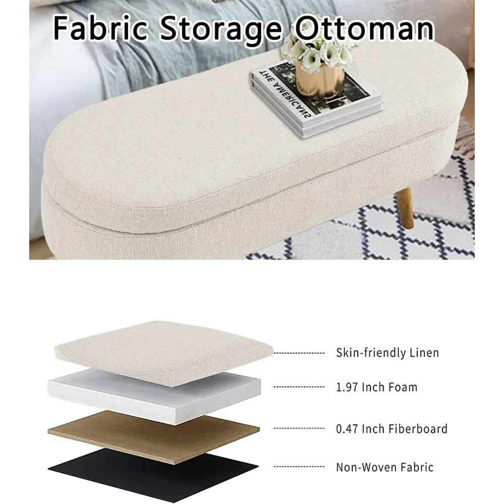 Storage Bench 43.5" Linen Fabric Upholstered Entryway Bench with Solid Wood Legs Ottoman Indoor Bench for Living Room