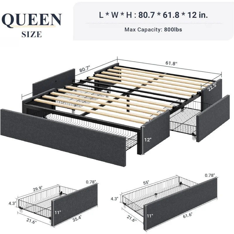 Queen Size Platform Bed Frame With 3 Storage Drawers