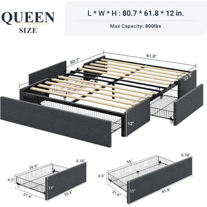 Queen Size Platform Bed Frame With 3 Storage Drawers, Fabric Upholstered, Wooden Slats Support, No Box Spring Needed, No