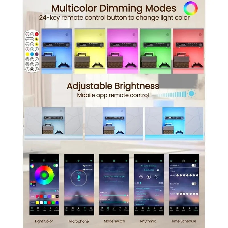 Contemporary TV Stand with LED Lights, Storage Cabinets, and Adjustable Glass Shelves