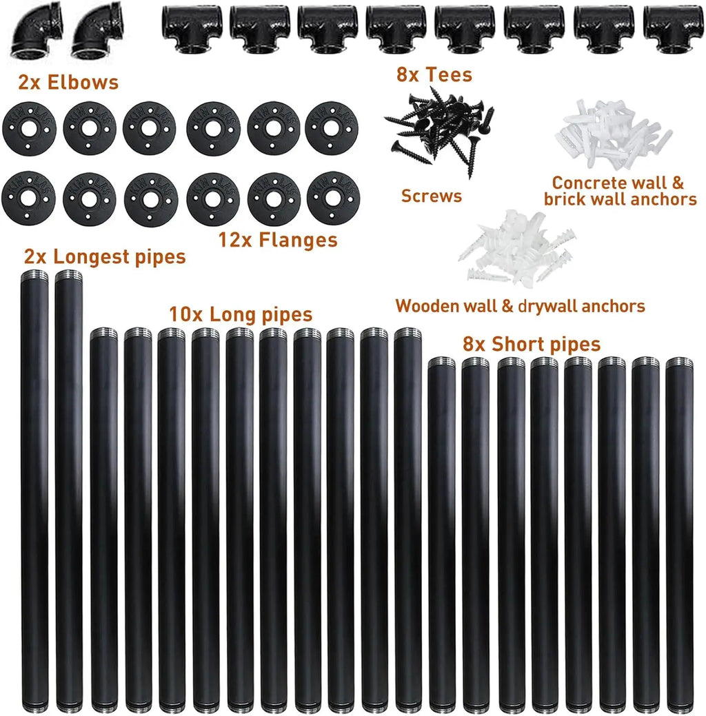 HITOMEN Industrial Iron Pipe Shelves, 2 Set 5-Tier 70.5" Tall 12" Depth, DIY Open Bookshelf Bookcase, Wall Mounted Vintage Retro