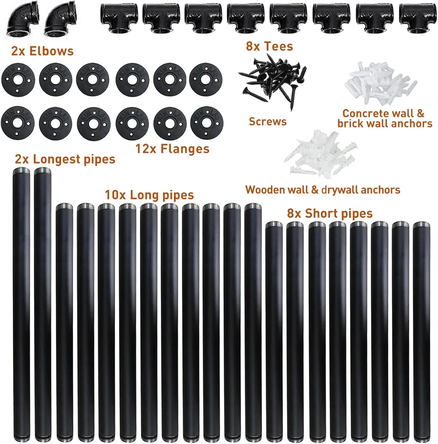 HITOMEN Industrial Iron Pipe Shelves, 2 Set 5-Tier 70.5" Tall 12" Depth, DIY Open Bookshelf Bookcase, Wall Mounted Vintage Retro