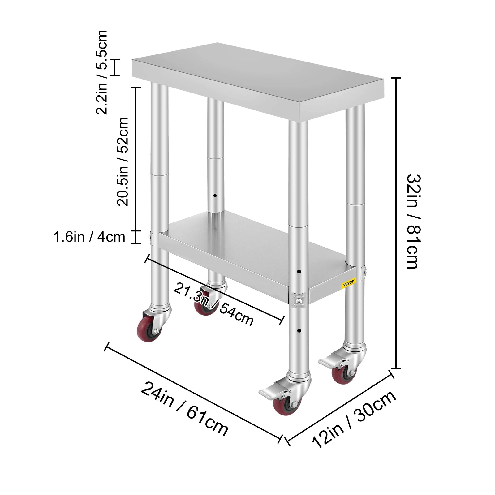 VEVOR Stainless Steel Kitchen Prep Table With 4 Caster Wheels & Backsplash Loads Up to 100KG-300KG for Home Storage Rack Dining
