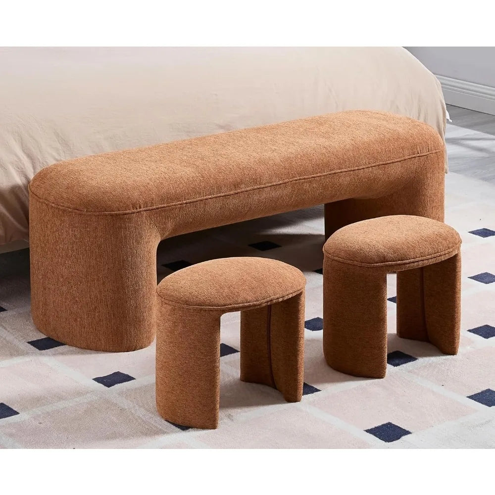 Ottoman Bench 53 Inch Long Bedroom Bench with 2 Small Stools Chenille Padded Entryway Bench Set of 3 Comfy Upholstered