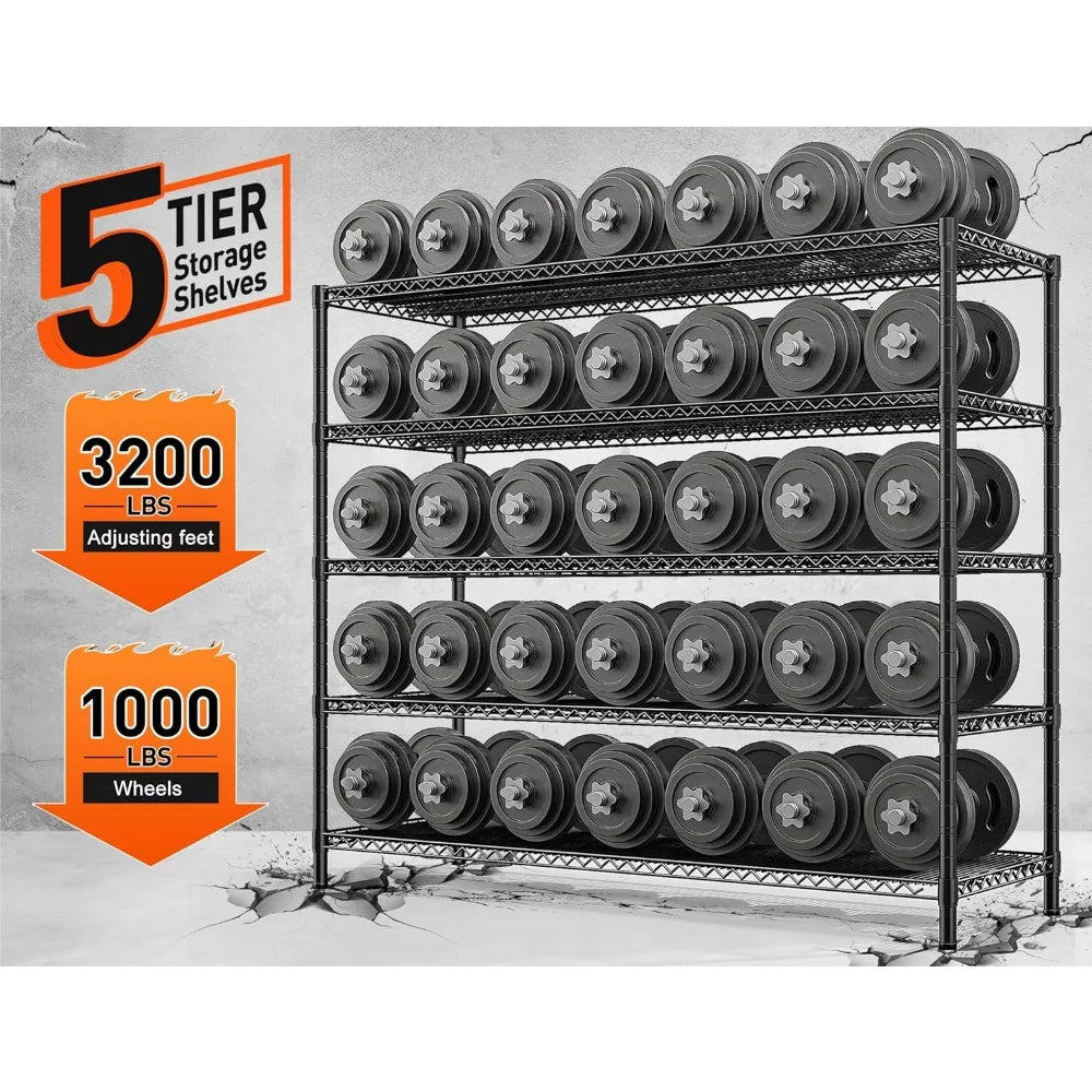 55.5''W Storage Shelves 3200LBS Wire Shelving Unit with Wheels 85.7" H Heavy Duty Shelving Rack 5-Tier Adjustable Storage Rack