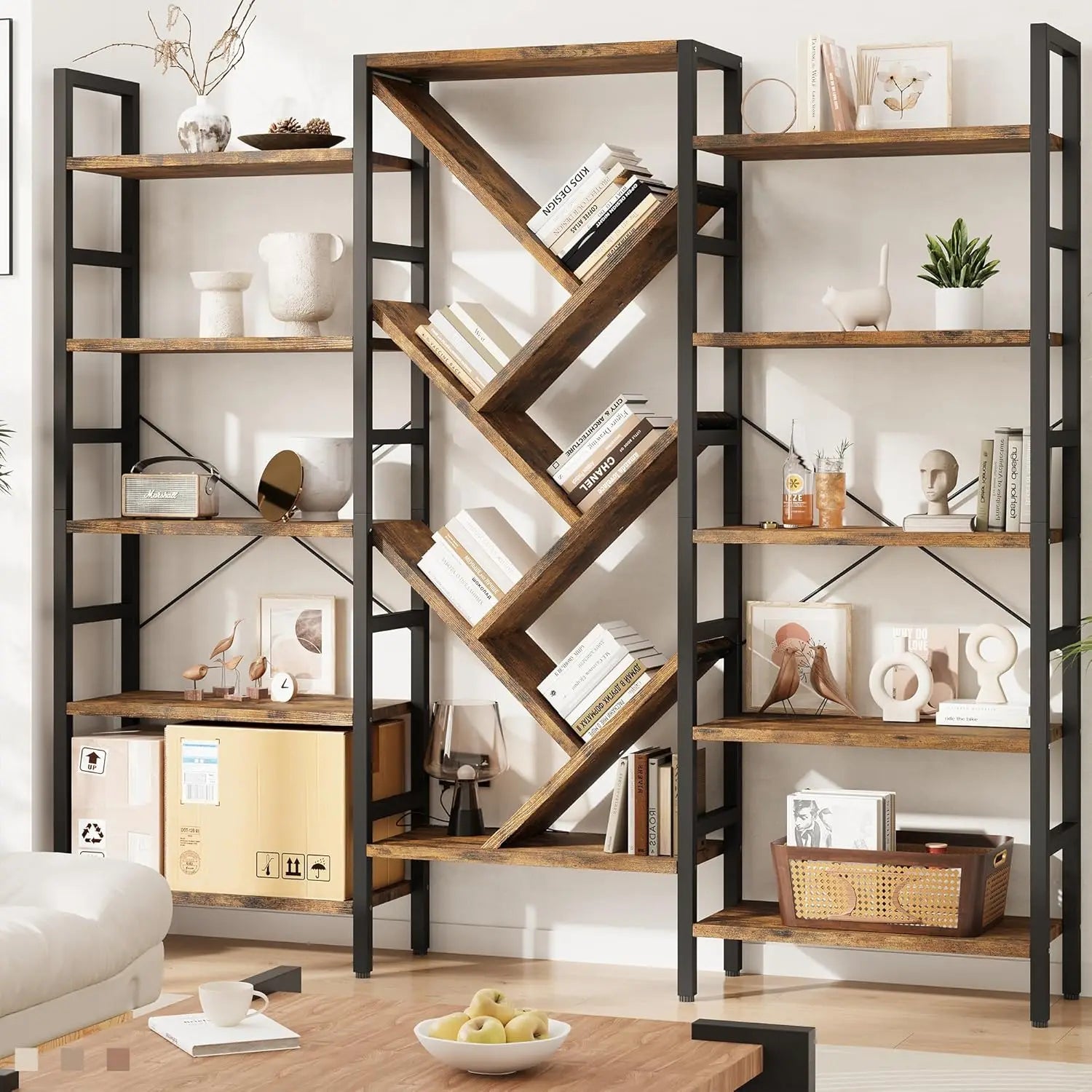 5 Tier Book Shelf, Large Wooden Bookcase with 17 Open Display Shelf, Modern Tree Bookshelf Metal Frame Tall Bookshelf Furniture