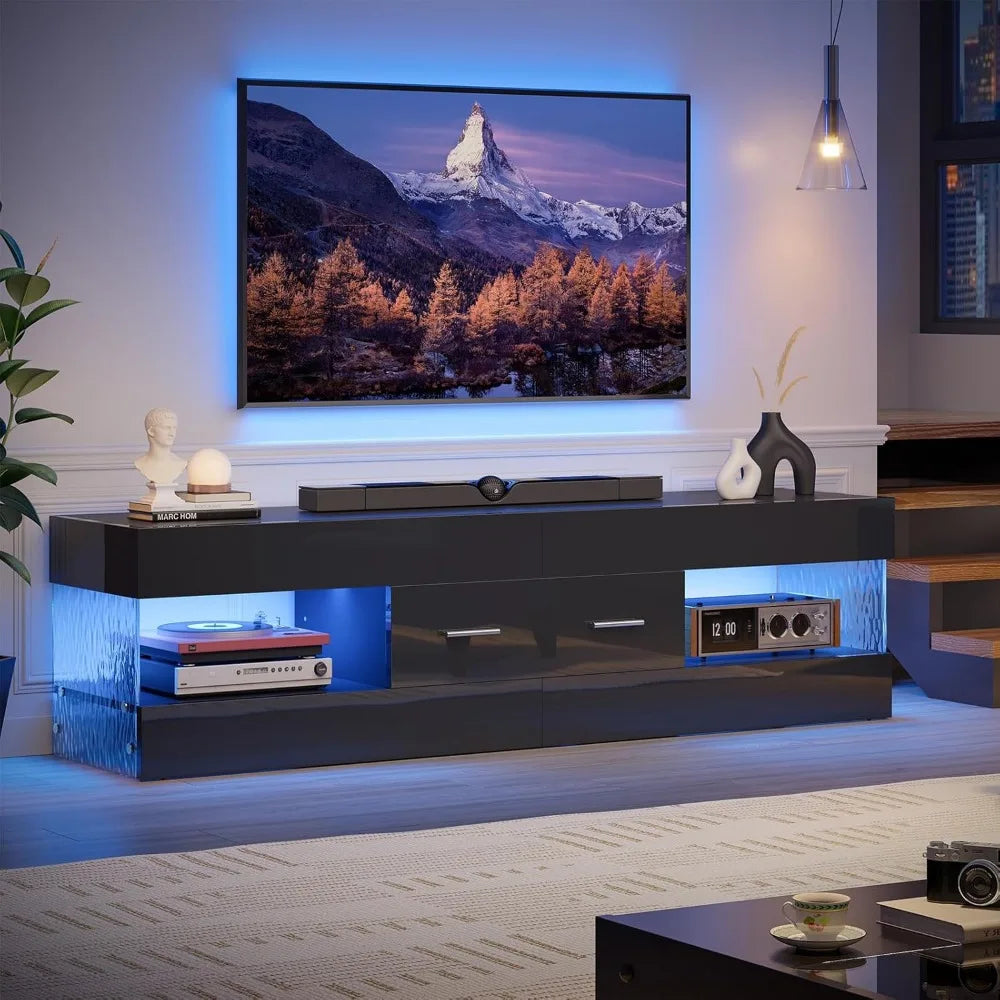Black TV Stand for 55/60/65 Inch TV, High Gloss Modern TV Stand with Stone-Patterned Side Panels, LED Entertainment Cent