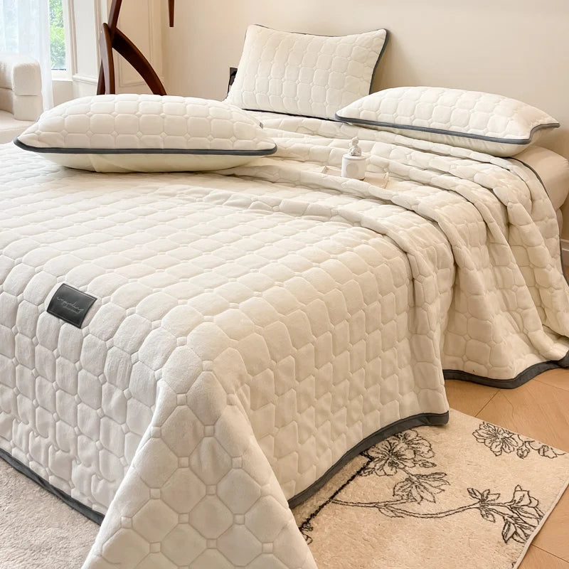 WOSTAR Soft warm plush bed sheet white coral fleece thermal bedspread quilted thicken couple luxury double bed king size 150x200