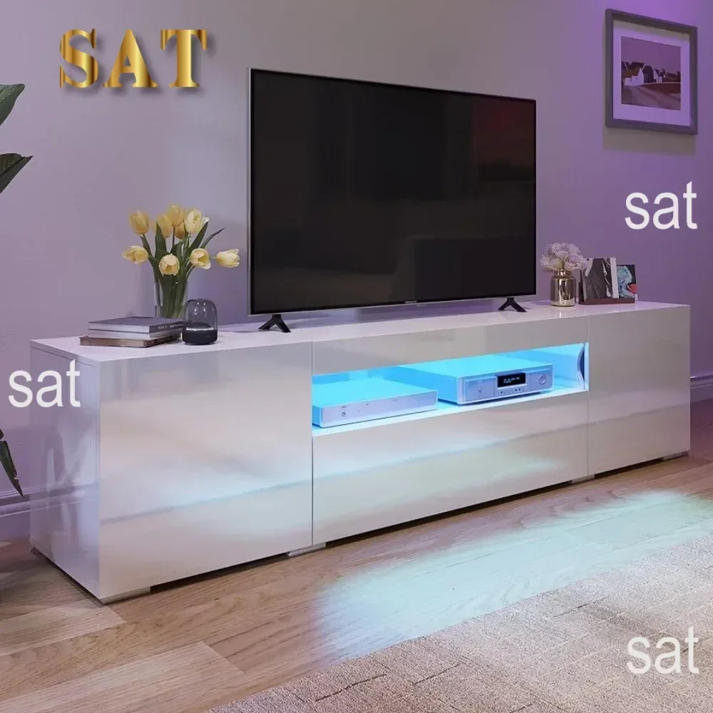 Modern LED Entertainment Center with Large Storage Drawers, High Gloss Front Wood TV Cabinet Media Console