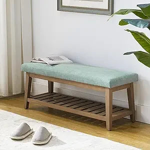 Entryway Bench, End of Bed Bench, Chenille Upholstered Shoe Bench for Bedroom, Ottoman Bench with Solid Wood Shelf, Storage Benc