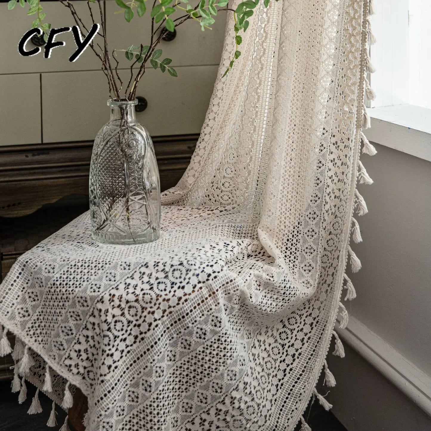 American Solid Rose Crochet Knit Hollowing Curtains with Tassel for Bedroom Drape Semi-shading Curtains In The Living Room