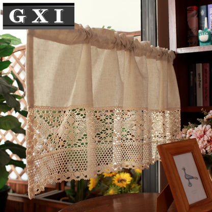 Handmade Cotton Linen Kitchen Short Curtains Crochet Lace Hollow Tassel Beige Valance Curtains Cafe Kitchen Door Window Drapes