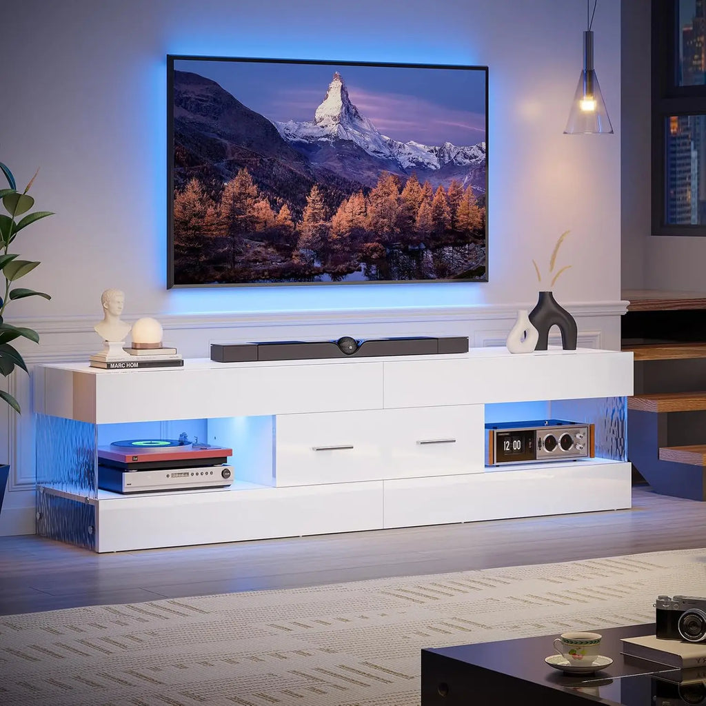 Black TV Stand for 55/60/65 Inch TV, High Gloss Modern TV Stand with Stone-Patterned Side Panels, LED Entertainment Cent