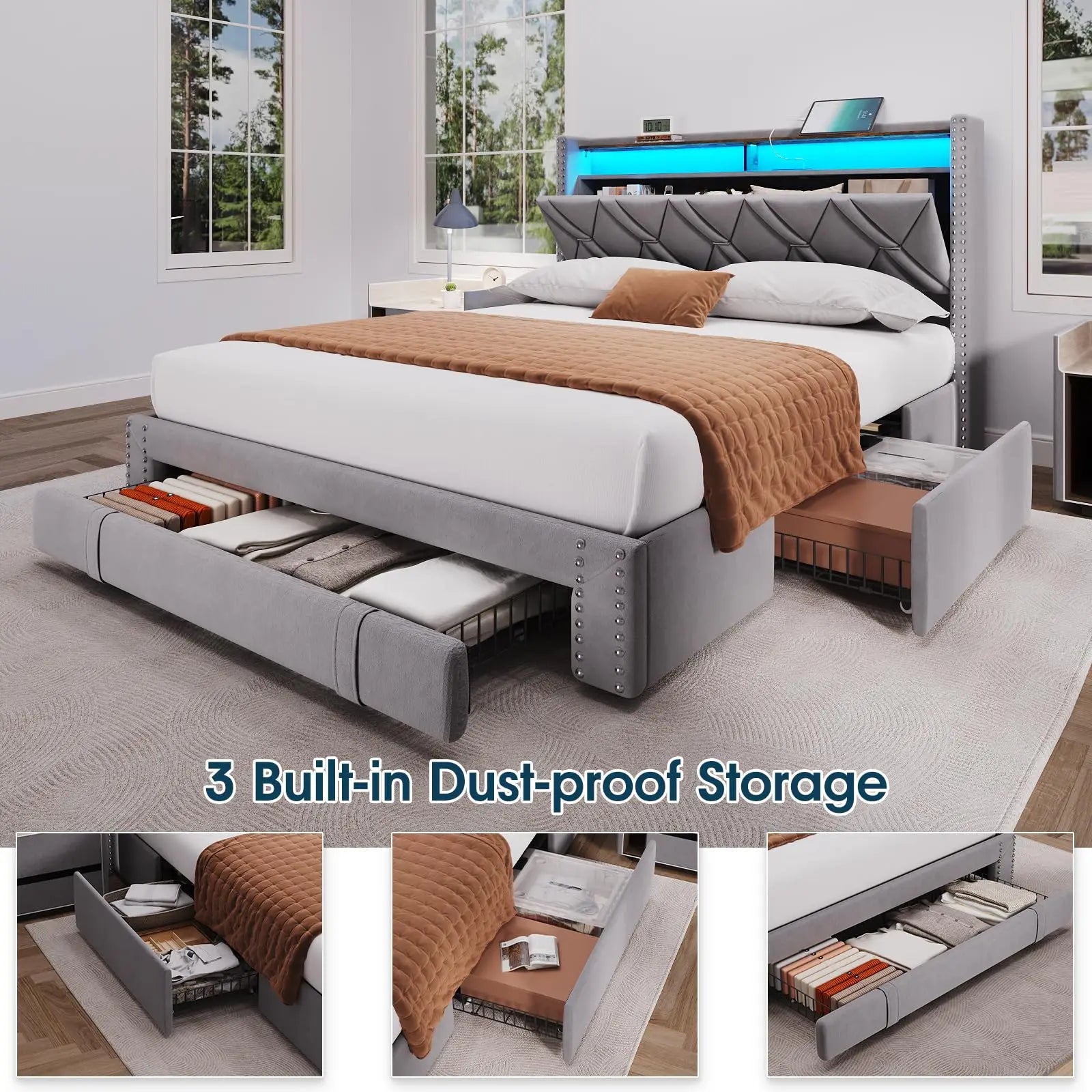 Upholstered Platform Bed With LED Lights & 3 Storage Drawers