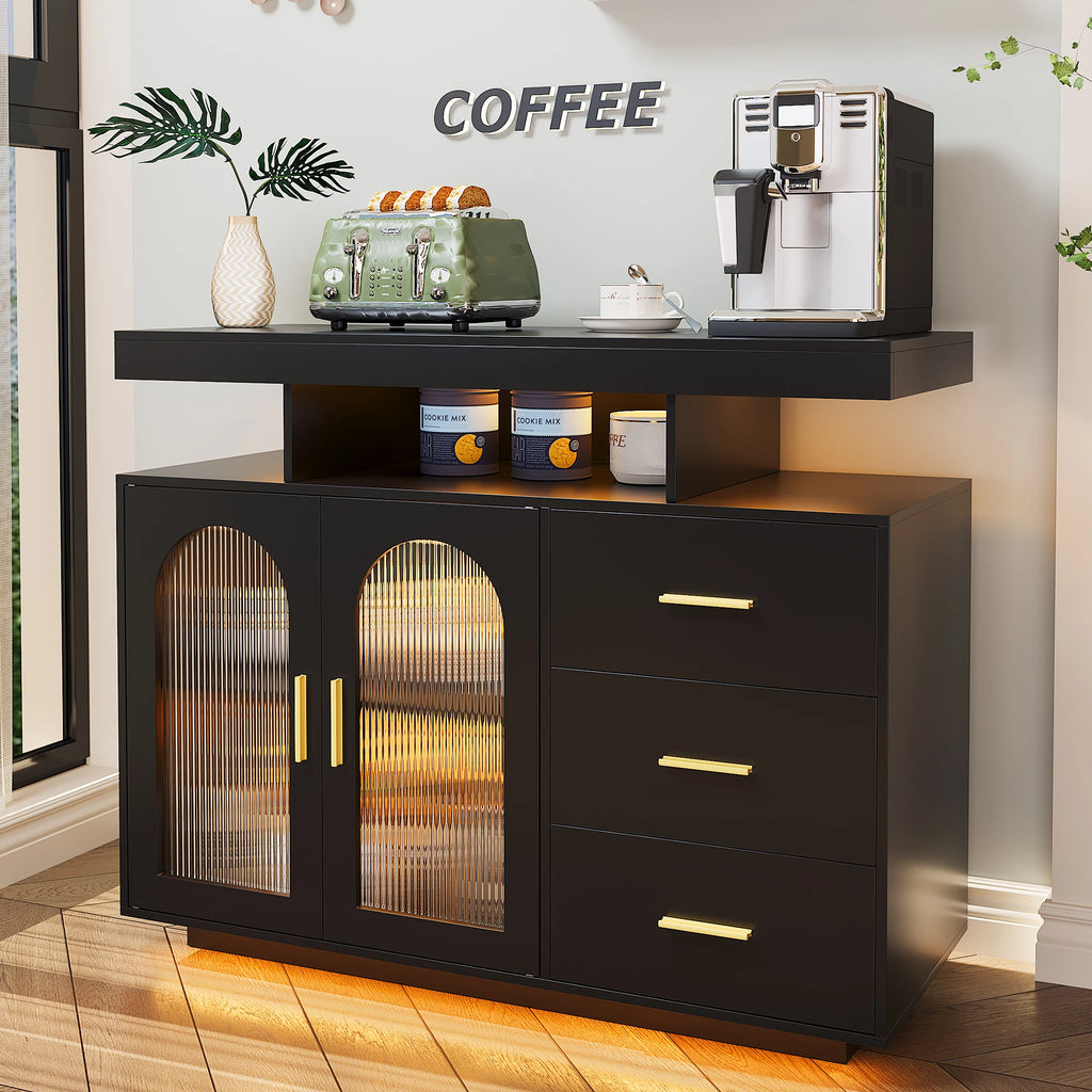 LED Buffet Cabinet 40”W with Wireless Charging Station,Auto Sensor RGB 20-Color Dimmable Sideboard