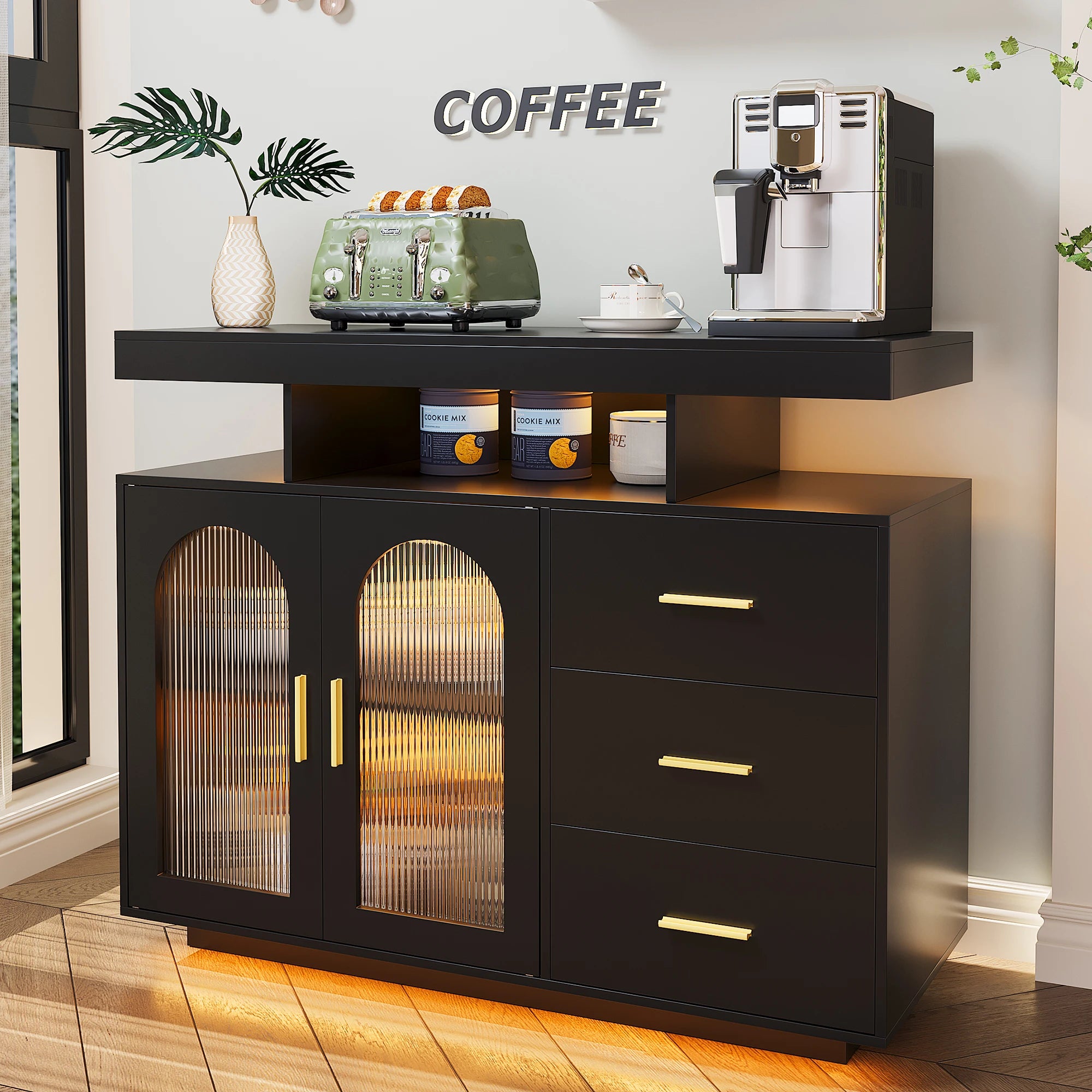 LED Buffet Cabinet 40”W with Wireless Charging Station,Auto Sensor RGB 20-Color Dimmable Sideboard