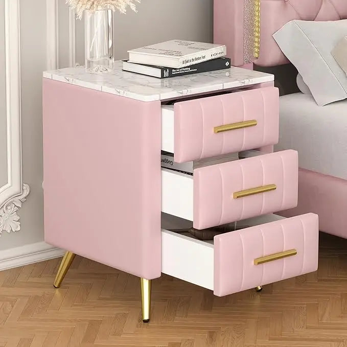 3-drawer Bedside Table with Metal Legs and Handles, Cushioned Bedside Table with Artificial Marble Countertop