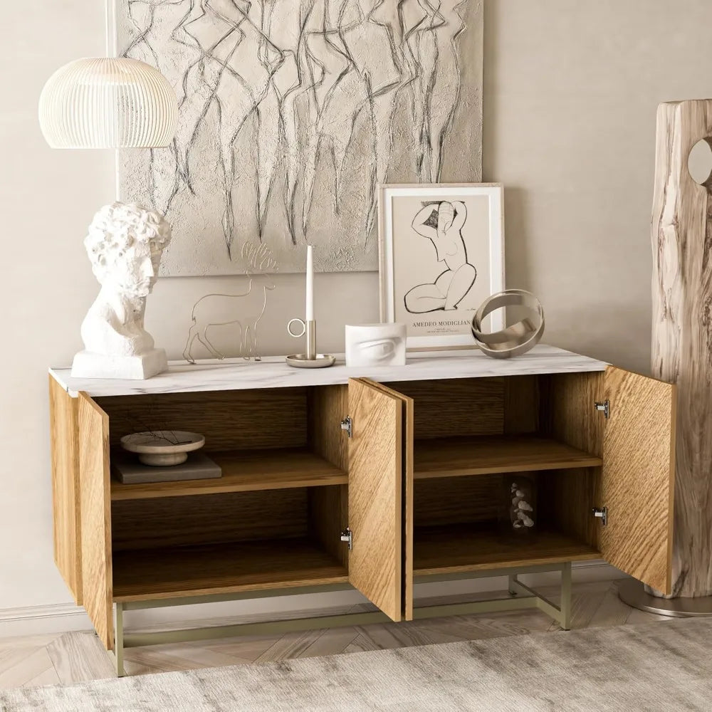 Mid Century Modern TV Stand for TVs up to 65", Herringbone Sideboard Buffet Cabinet Credenza, Marble Top Media Console