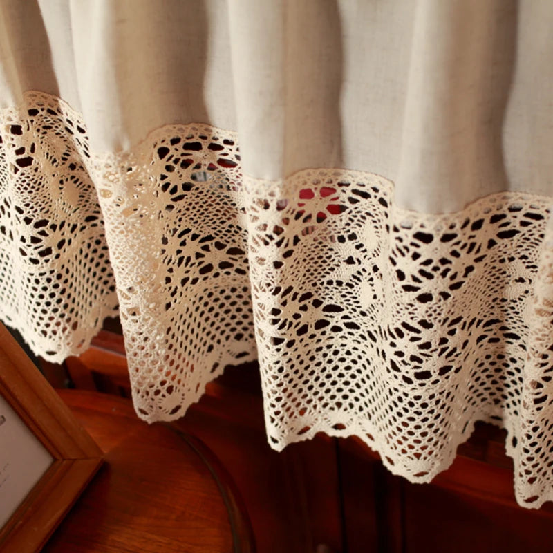 Handmade Cotton Linen Kitchen Short Curtains Crochet Lace Hollow Tassel Beige Valance Curtains Cafe Kitchen Door Window Drapes