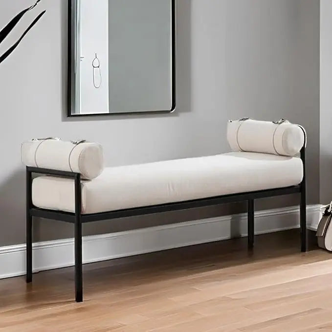 Modern 55" End of Bed Bench Long King Upholstered Chenille Ottoman Bench with Arms & Detachable Strappy Pillows for Bedroom Ent