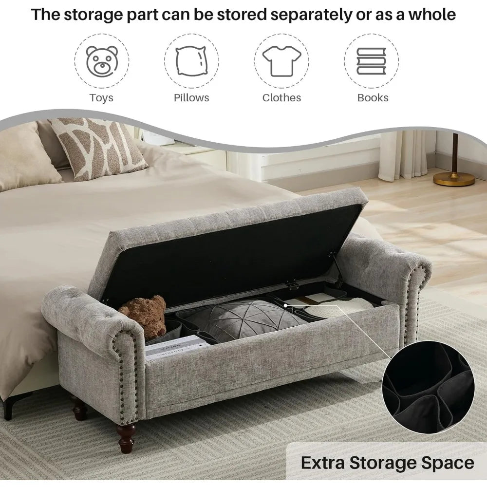Storage Bench Upholstered Chenille, with Tufted Cushioned Rolled Arm Large Storage Space ,Bedroom Bed Bench Ottoman