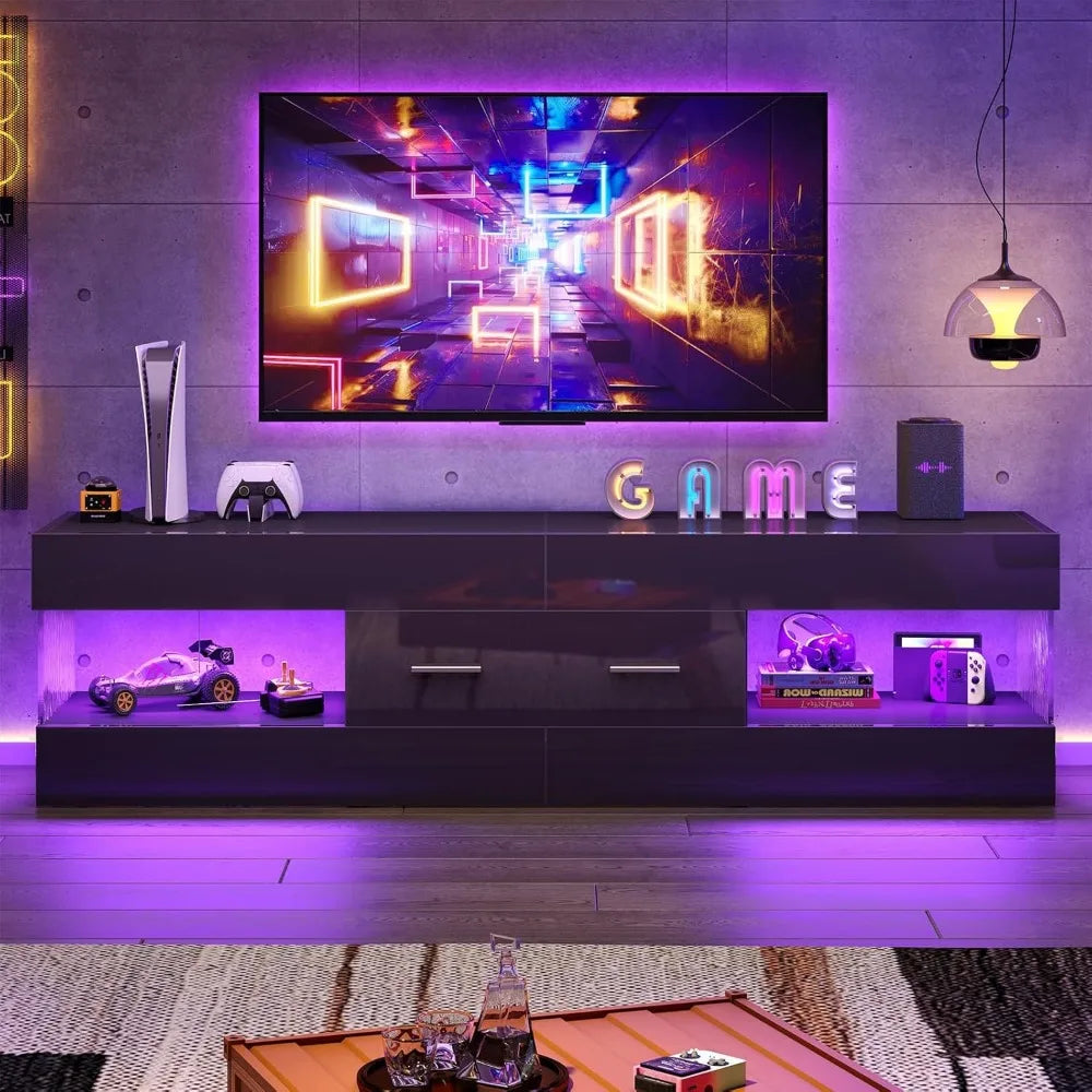 Black TV Stand for 55/60/65 Inch TV, High Gloss Modern TV Stand with Stone-Patterned Side Panels, LED Entertainment Cent