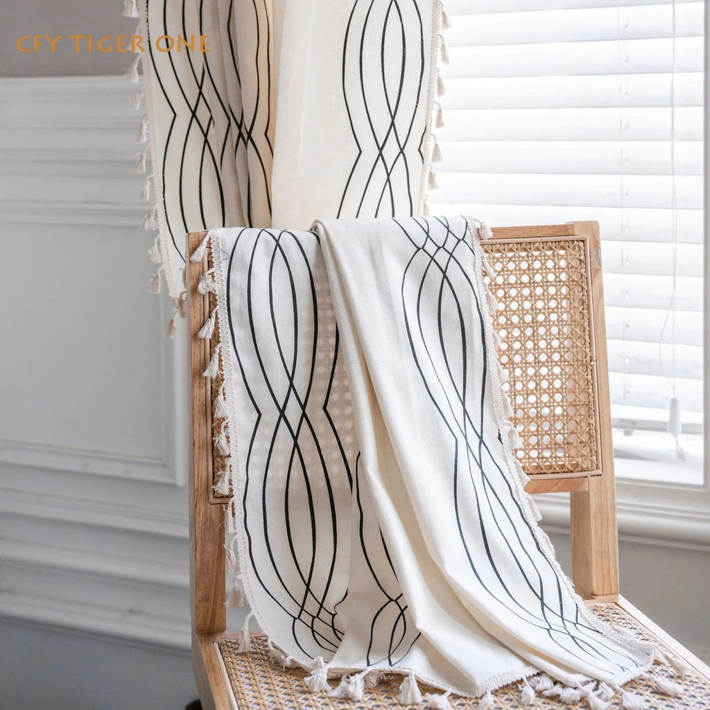 Cotton Linen Black Curve Print with Tassel Window Curtain Semi-shading Drapes for Living Room Bedroom Kitchen Door Drapes