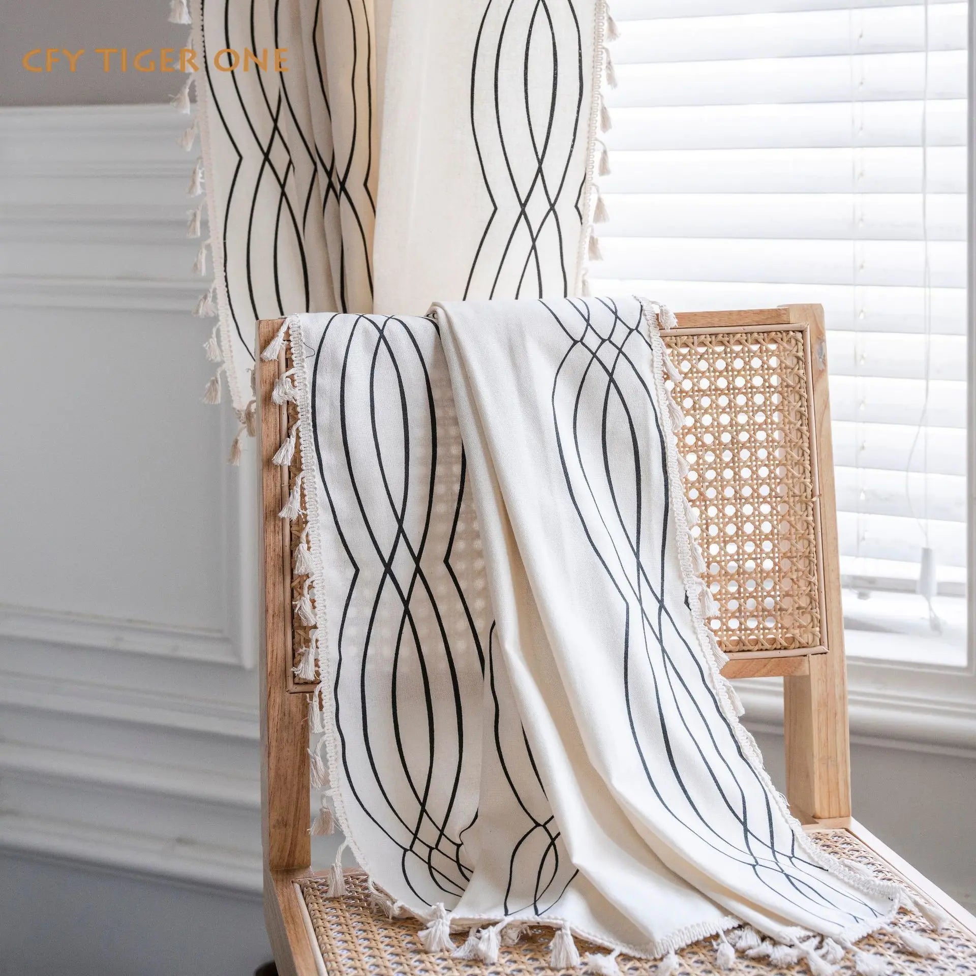 Cotton Linen Black Curve Print with Tassel Window Curtain Semi-shading Drapes for Living Room Bedroom Kitchen Door Drapes