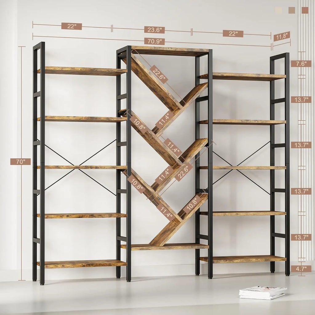 5 Tier Book Shelf, Large Wooden Bookcase with 17 Open Display Shelf, Modern Tree Bookshelf Metal Frame Tall Bookshelf Furniture