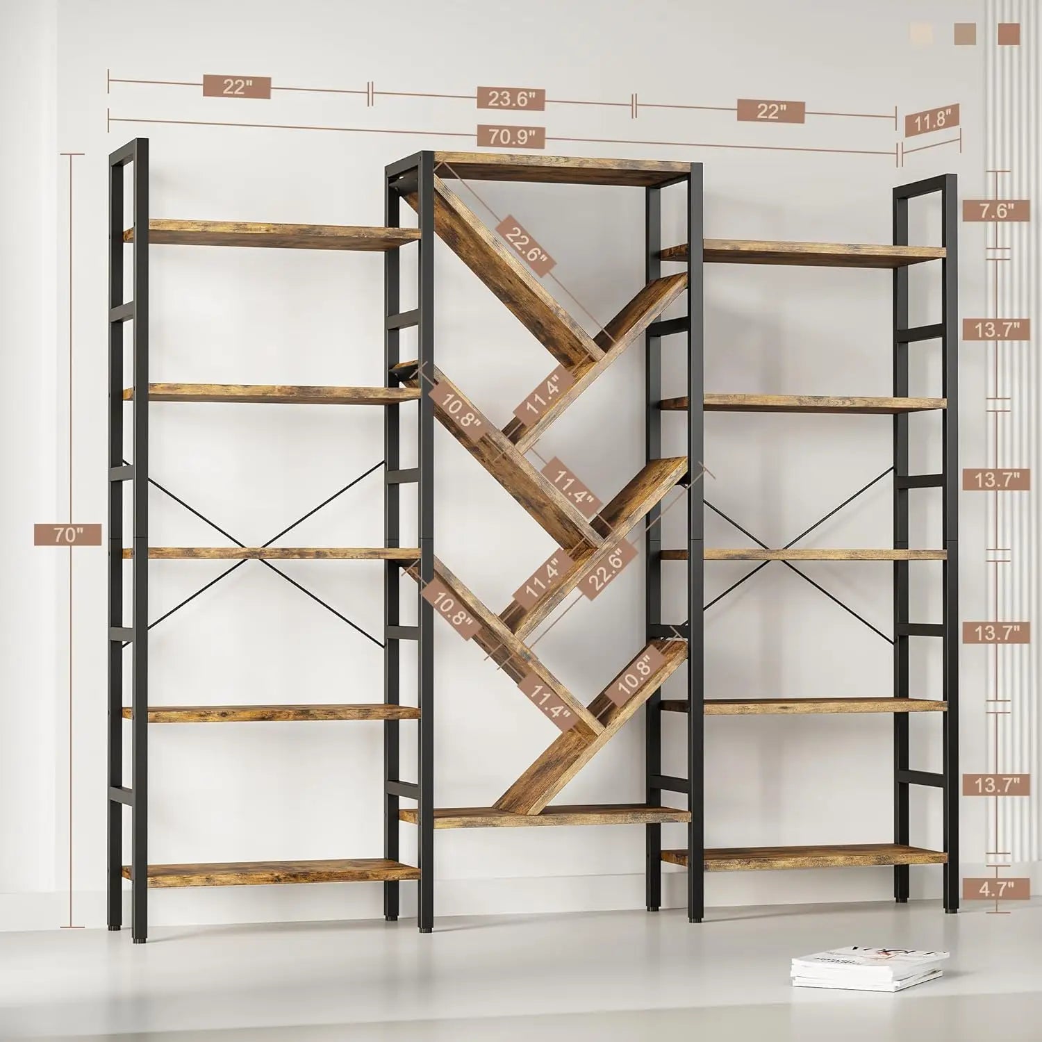 5 Tier Book Shelf, Large Wooden Bookcase with 17 Open Display Shelf, Modern Tree Bookshelf Metal Frame Tall Bookshelf Furniture