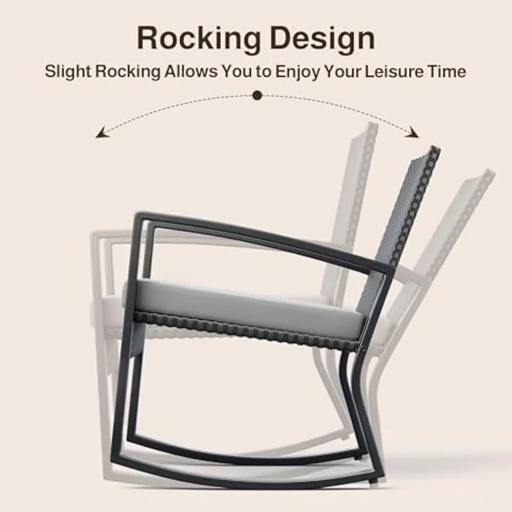 4 Piece Outdoor Patio Furniture Set, Wicker Patio Furniture with Glass Coffee Table, Rocking Wicker Bistro Set, for Backyard