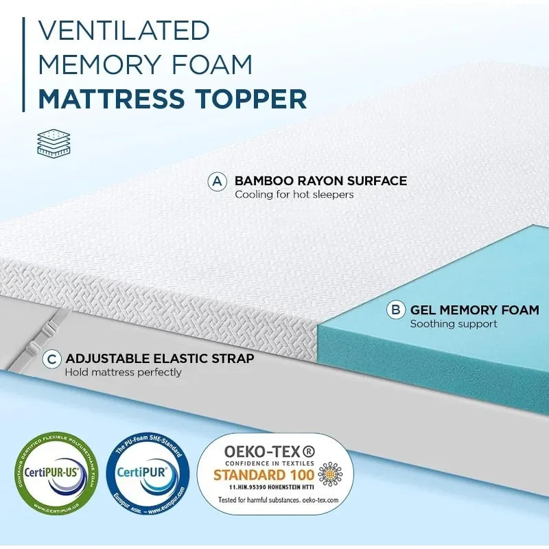 3 Inch Gel Memory Foam Mattress Topper California King Size, High Density Ventilated Memory Foam Bed Mattress Topper for Back