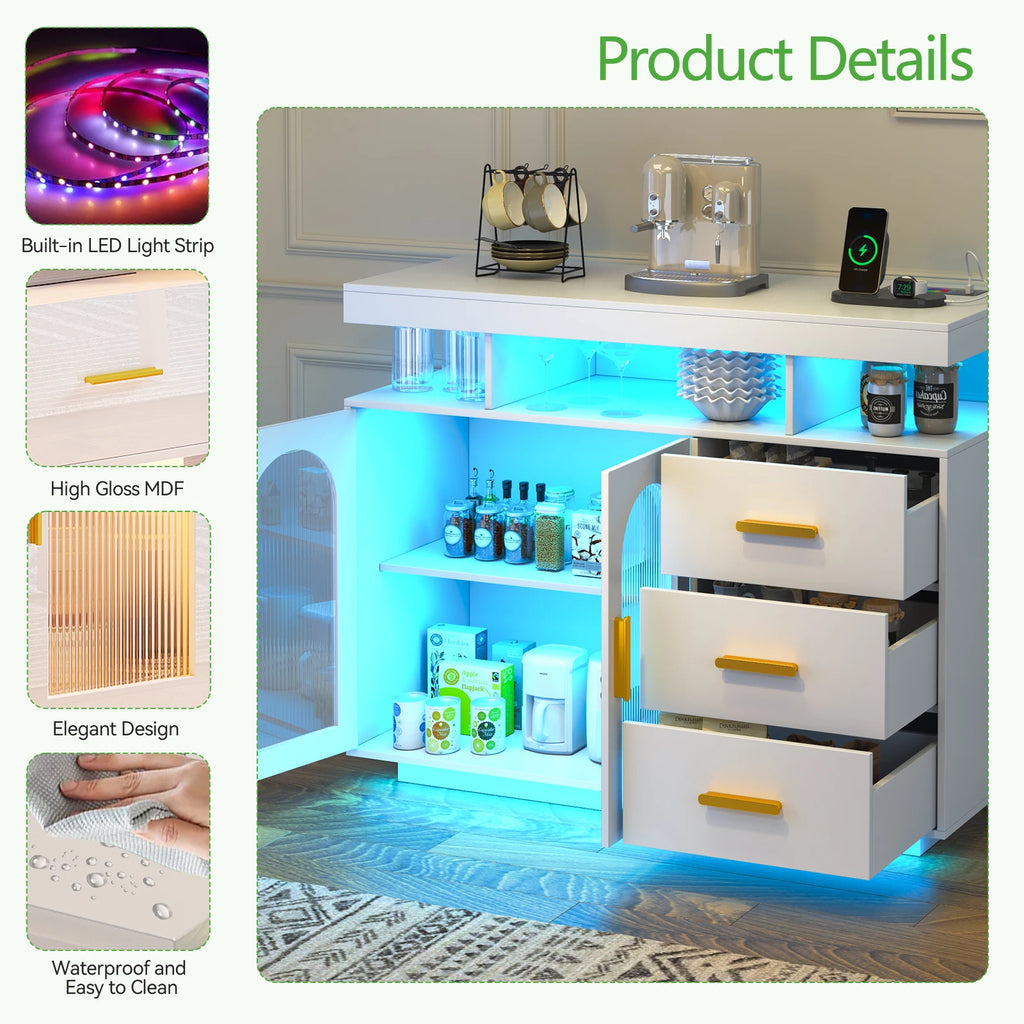 LED Buffet Cabinet 40”W with Wireless Charging Station,Auto Sensor RGB 20-Color Dimmable Sideboard