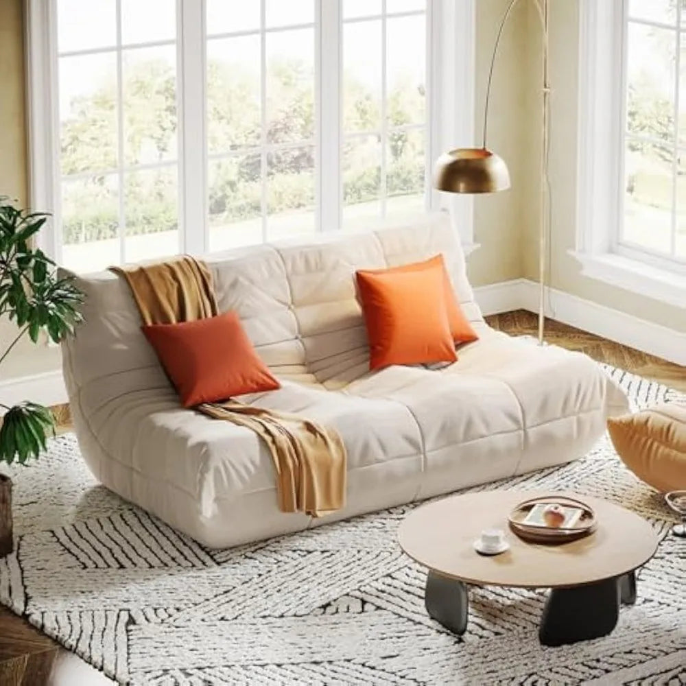 Modern Lazy Floor Togo Sofa, with 3 Pillows, Beige High-density Foam Giant Bean Bag Sofa, Armless 3-seat Comfortable Sofa