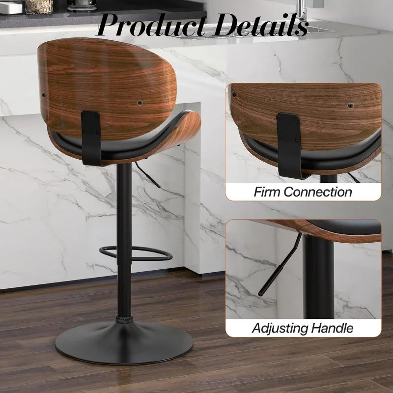 Set of 2, Swivel Adjustable Height Barstools, PU Leather Upholstered Bar Chairs with Footrest, Bentwood Bar Stool for Kitchen