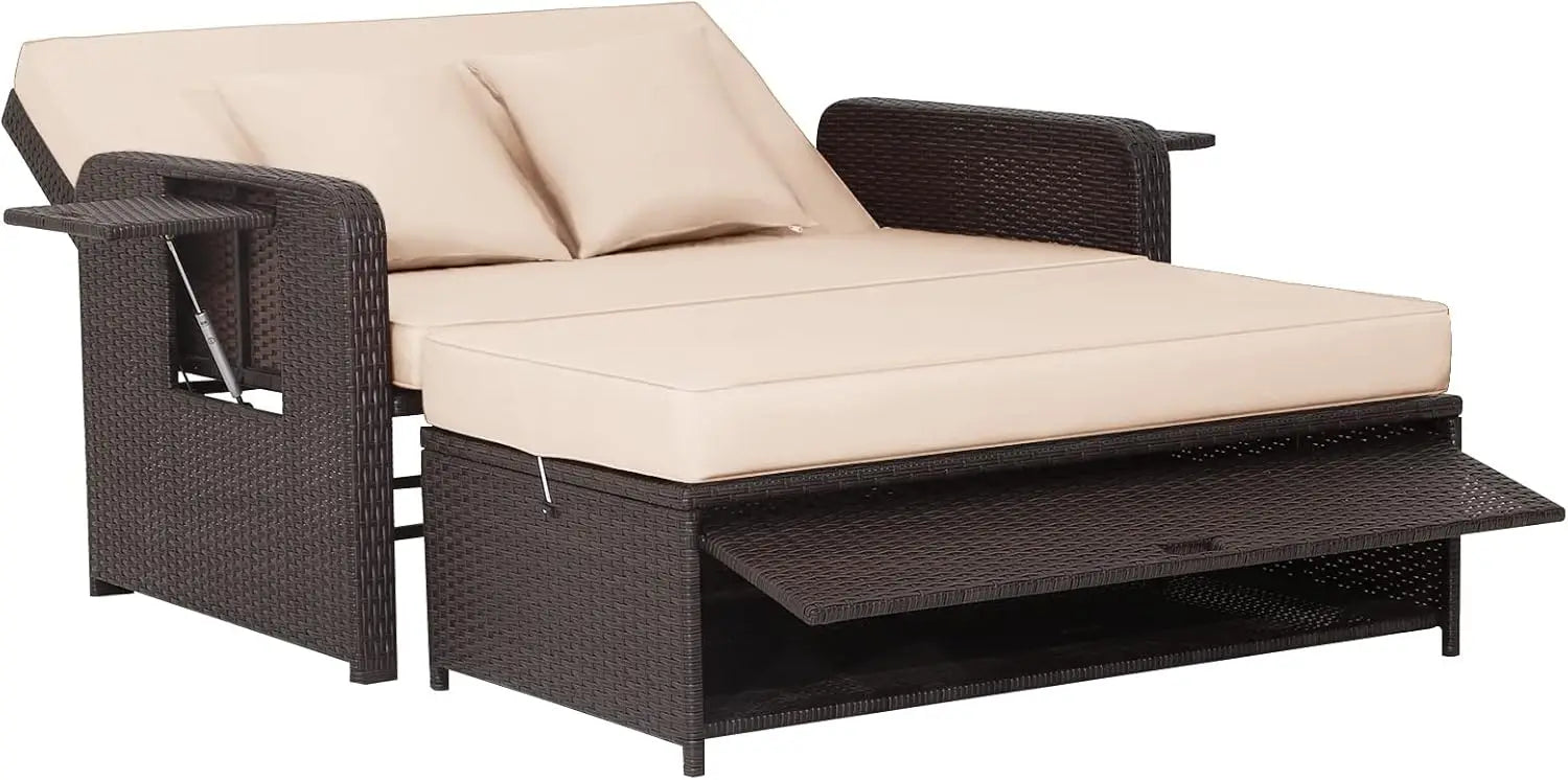 Patio Rattan Daybed Set, Wicker Loveseat Sofa w/Multipurpose Ottoman & Retractable Side Tray, 4-Level Adjustable Backrest